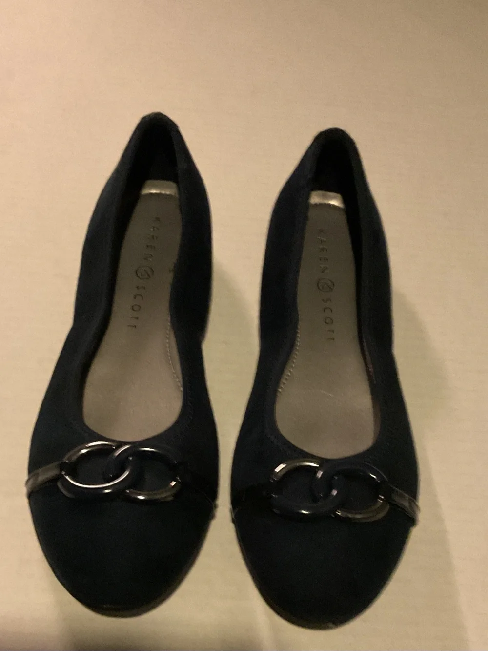 Karen Scott Dark Navy Suede Ballet Flats with Linked Metal Accent